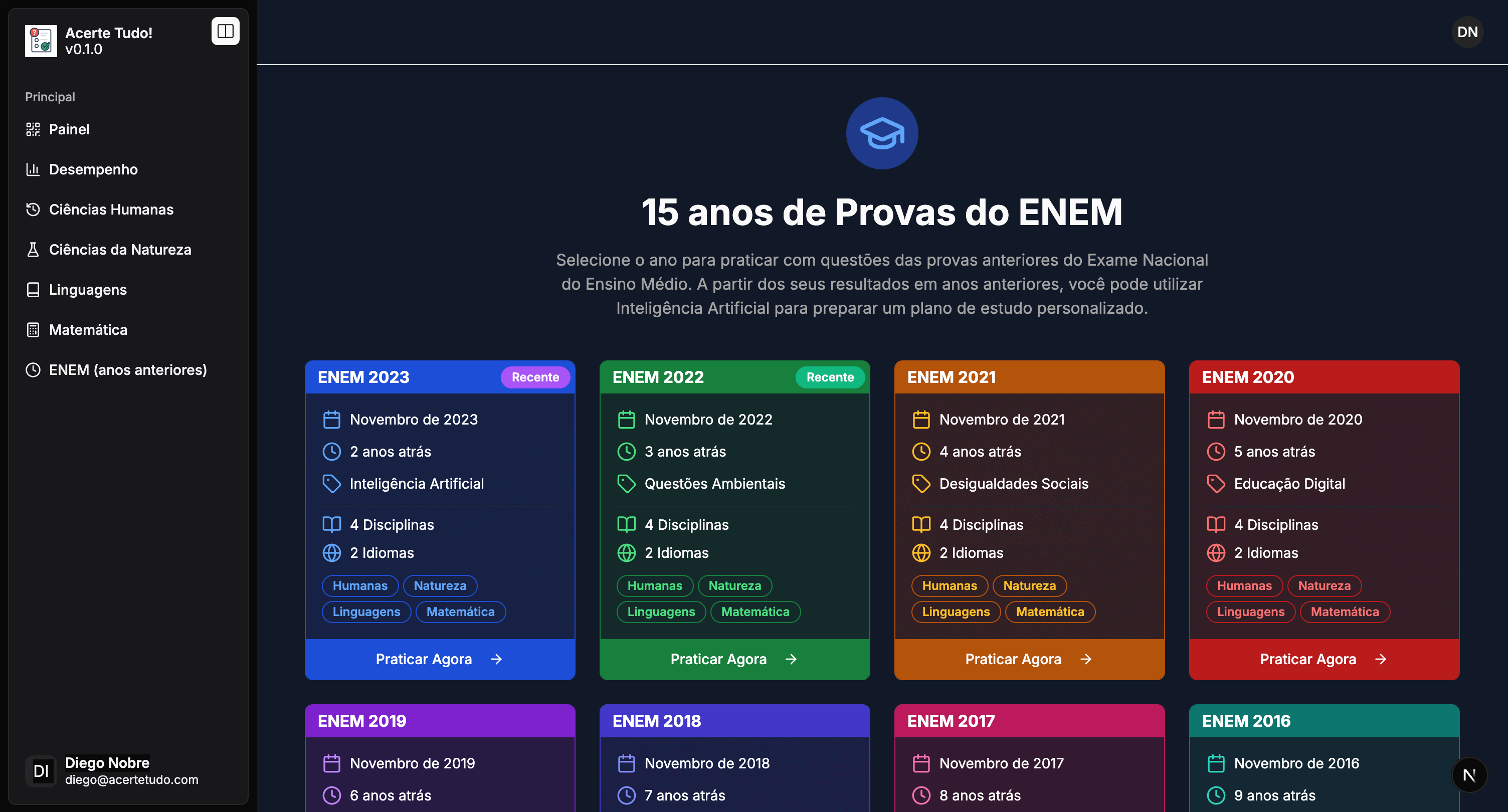 Dashboard de simulados para o ENEM 2025